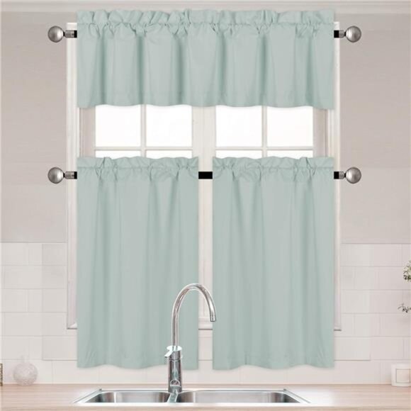 3 Pieces Solid Color Kitchen Curtain Set Tier and Valence with Rod Pocket - Picture 1 of 5